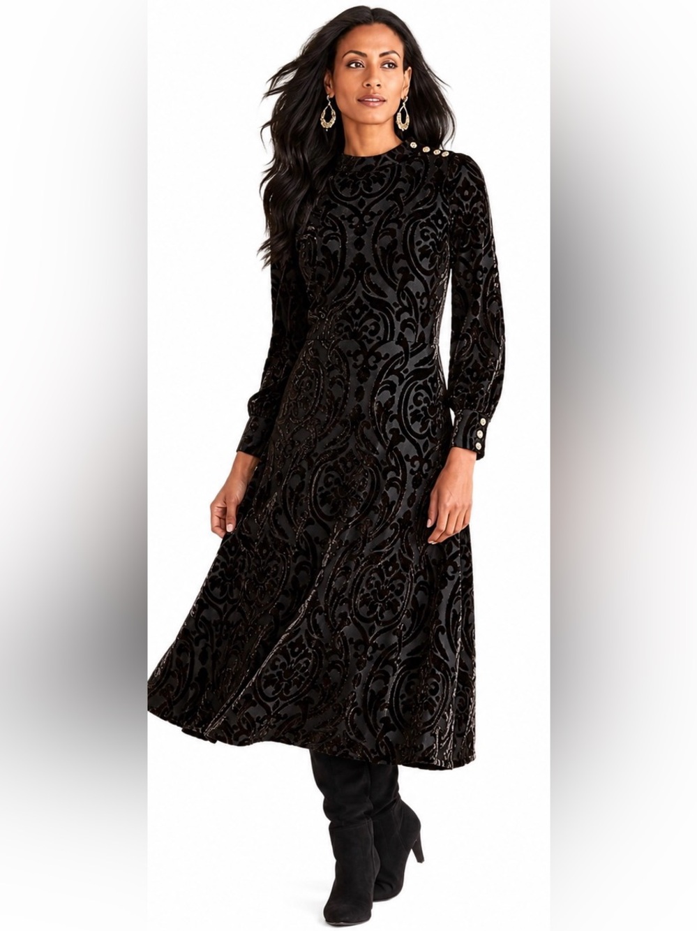 NWOT Soft Surroundings Hadley Velvet Burnout‎ Midi Dress Black Size 8